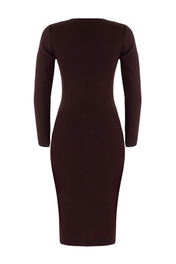 Kahverengi Wardrobe Essentials Premium Iplik/Ozel Iplik V Yaka Midi Triko Elbise TWOAW26EL00007 - Trendyolmilla фото 6