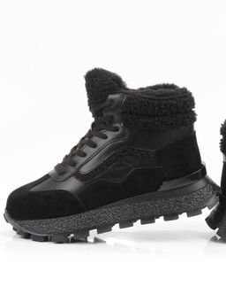 04-WG042-1M BLACK Кроссовки зимние женские (натуральная кожа, натуральная замша, 100% шерсть)