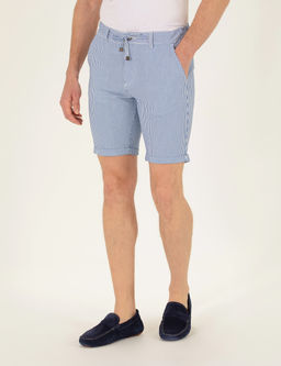 Koyu Mavi Slim Fit Beli Lastikli _izgili Ba_c_kl_ Bermuda _ort