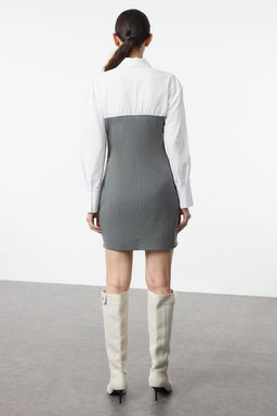 Gri Duz Bodycone Straplez Detayl? Mini Dokuma Gomlek Elbise TWOSS24EL00751