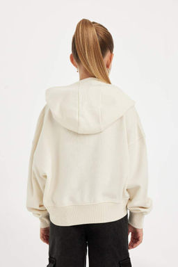 Толстовка широкого кроя с капюшоном и вышивкой для девочек цвета экрю - Defacto фото 6