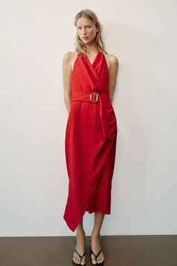 VESTIDO MIDI CRUZADO CINTUR?N / Rojo