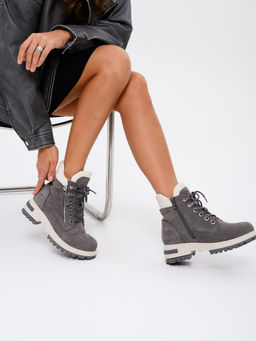 Ботинки 261.uno9gr.Серый замок замша+бежевый/байка