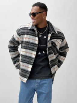 Куртка рубашка шерстяная в клетку мужская демисезонная темно-серого цвета 58565TC