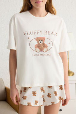 Trendyolmilla Ac?k Bej %100 Pamuklu Ay?c?kl? ve Slogan Bask?l? Sortlu Orme Pijama Tak?m? THMSS25PT00110 фото 4