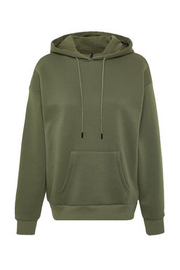 Haki Kal?n Ici Polarl? Oversize/Genis Kal?p Kapusonlu Basic Orme Sweatshirt TWOAW24SW00103