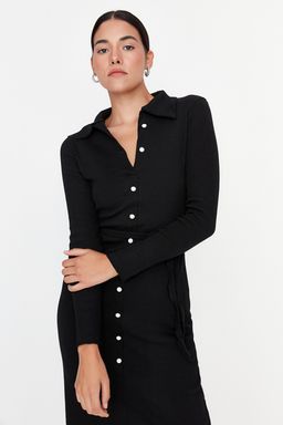 Trendyolmilla Siyah Vucuda Oturan Uzun Kol Polo Yaka Fitilli Dugmeli Esnek Midi Orme Elbise TWOAW23EL00115 фото 7