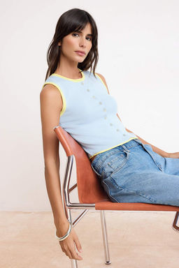 Ac?k Mavi Fitted Bisiklet Yaka Renk Bloklu Yelek TWOSS26YE00024