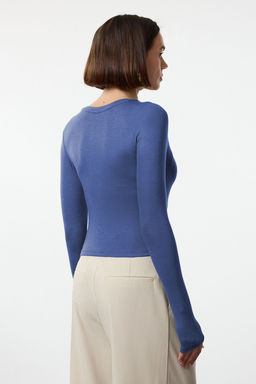 Indigo Premium Viskon Bisiklet Yaka Crop Esnek Orme Bluz TWOAW24BZ00116