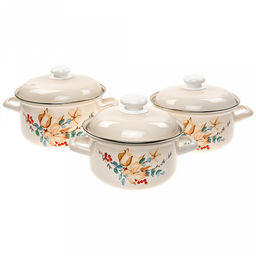 "Унесенные ветром" Набор эмалированных кастрюль 3 предмета: 1,5л, 2л, 3л, s0,8мм, форма цилиндрическая, низкая, двойной слой эмалевого покрытия, металлическая крышка (Россия)