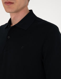 Siyah Slim Fit K_vr_lmaz Polo Yaka Basic Pike Sweatshirt