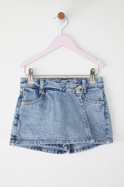 Koyu Mavi K?z Cocuk Pamuklu Asimetrik Denim Sort Etek TKDSS25ET00006