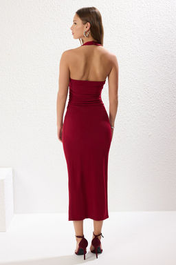 TRENDYOLMILLA Bordo Boyundan Gecmeli Buzgulu V Yaka Bodycone/Vucuda Oturan Esnek Maxi Orme Elbise TWOSS25EL00234  фото 10