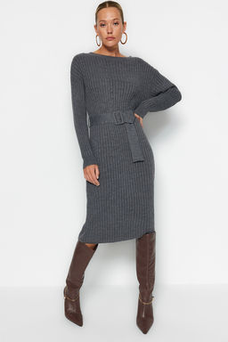 Antrasit Mini Triko Kemerli Elbise TWOAW23EL00444