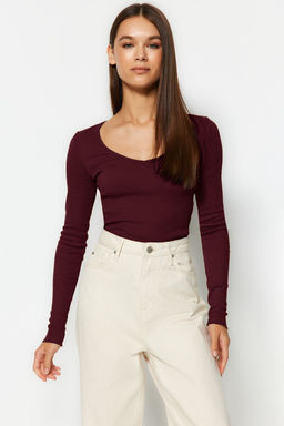 Bordo-Tas 2li Paket V Yaka Fitted/Vucuda Oturan Pamuklu Esnek Orme Bluz TWOAW24BZ00068