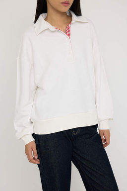 Teen Ekru Oversize/Genis Kal?p Patl? Polo Yaka Kal?n Orme Sweatshirt TWOAW26SW00008