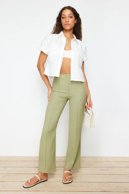 Yesil Straight/Duz Kesim Yuksek Bel Nervur Dikisli Dokuma Pantolon TWOSS21PL0093