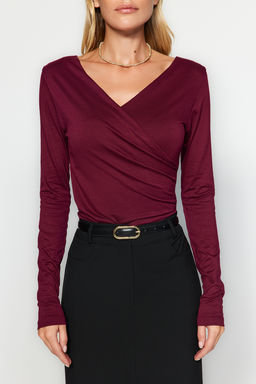 TRENDYOLMILLA Bordo Fitted/Vucuda Oturan Viskoz Buzgulu V Yaka Esnek C?tc?tl? Orme Body TWOAW24BD00045 фото 4