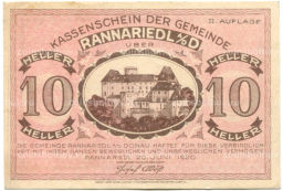 10 геллеров 1920 года Австрия Раннариедль (нотгельд)