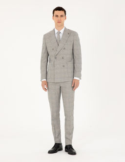 Gri Ex. Slim Fit Ekose Kruvaze Tak_m Elbise