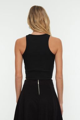 Siyah Fitted/Vucuda Oturan Super Crop Halter Yaka Fitilli Esnek Orme Atlet TWOSS21AL0050