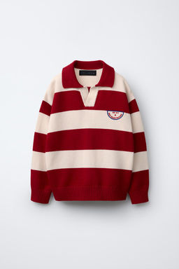 STRIPED KNIT POLO SHIRT WITH EMBROIDERED PATCH