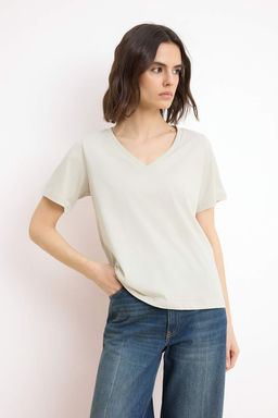 Ekru-Kahverengi %100 Pamuk 2li Paket Regular Kal?p Basic V Yaka Orme T-Shirt TWOSS23TS00002