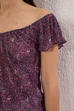 Mor Cicek Bask?l? Crop Carmen Yaka Buzgulu Kol Orme Bluz TWOSS25BZ00116 - Trendyolmilla фото 3