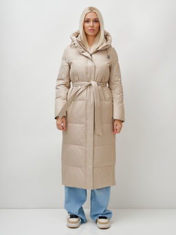 Пальто утепленное стеганное зимнее с капюшоном женское бежевого цвета 9605B - Mtforce фото 10