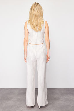 Bej Cizgili Beli Lastikli Cepli Straight/Duz Kesim Pamuk Keten Dokuma Pantolon TWOSS24PL00055