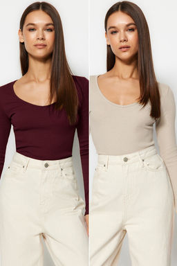 Bordo-Tas 2li Paket V Yaka Fitted/Vucuda Oturan Pamuklu Esnek Orme Bluz TWOAW24BZ00068