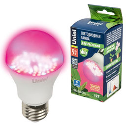 LED-A60-9W/SP/E27/CL ALM01WH Лампа светодиодная для растений. Форма "A", прозрачная колба. Материал корпуса пластик. Упаковка картон.