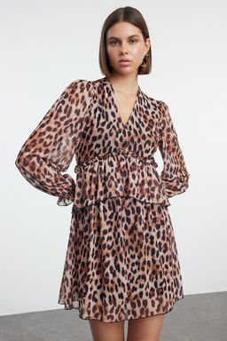 Kahverengi Animal F?rf?r Detayl? A Line/Can Kesim Balon Kol Mini Orme Elbise TWOAW25EL00226 - Trendyolmilla фото 2