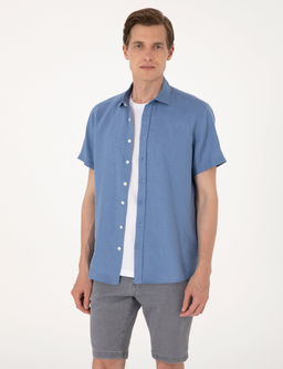 Mavi %100 Keten Regular Fit K_sa Kollu G_mlek