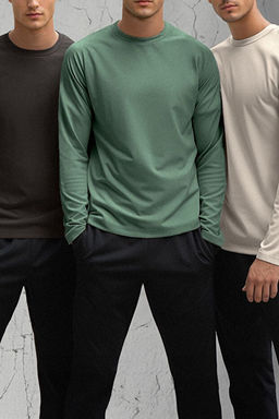 Koyu Kahve-Koyu Ye_il-Ta_ 3l_ Paket Slim/Dar Kesim %100 Pamuk Erkek T-Shirt TEDAW25TS00010 - Trendyolmilla фото 2
