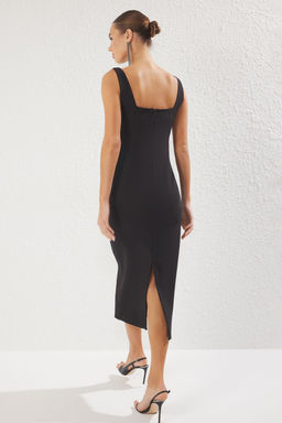 Siyah Cut Out/Pencere Detayl? Dokuma Midi S?k Abiye Gece Mezuniyet Elbisesi TPRSS25EL00249