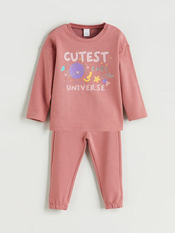Bask?l? K?z Bebek Sweatshirt ve Pantolon 2li