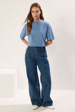 Indigo %100 Kal?n Pamuklu Dik Yaka Truvakar Kol Orme T-Shirt TWOSS24TS00074