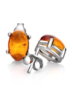 Элегантные серьги-гвоздики с коньячным янтарём Ностальгия