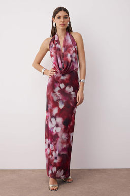 TRENDYOLMILLA Cok Renkli Cicek Desenli Orme Tul Uzun Gece Abiye Elbise TPRSS24AE00261