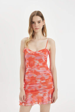 Облегающее мини-платье из тюля с узором на бретелях - Defacto фото 3