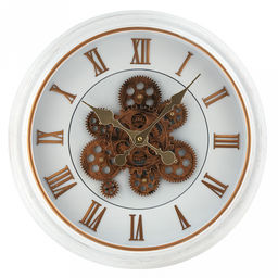 Часы настенные Империя д37,7-45,8см, h7см, циферблат Шестеренки вращающиеся, белый/потертое золото; цифры римские, потертое золото; корпус пластик, белый, полоски золотого цвета; в лотке (Китай)