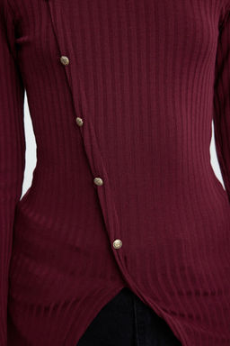 Bordo Fitted/Vucuda Oturan Dugme Detayl? Fitilli Esnek Orme Bluz TWOAW25BZ00224 - Trendyolmilla фото 4