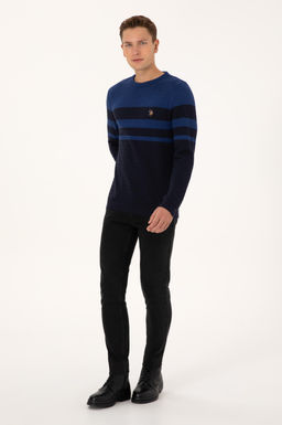 Erkek Slim Fit Bisiklet Yaka Lacivert Kazak
