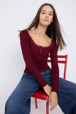 Teen Siyah Havuz Yaka Dugmeli Dantel Detayl? Vucuda Oturan Esnek Orme Bluz TWOAW26BZ00106 - Trendyolmilla фото 6