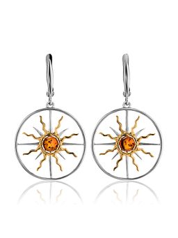 Оригинальные серьги из серебра с позолотой и коньячного янтаря Алхимия