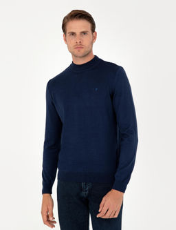 A__k Lacivert Slim Fit Yar_m Bal_k__ Yaka Basic Triko Kazak