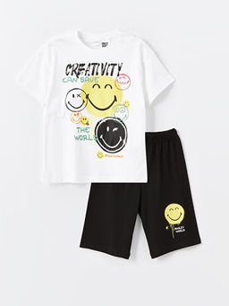 Bisiklet Yaka SmileyWorld Bask?l? Erkek ?ocuk ?ortlu Pijama Tak?m?