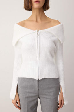 Beyaz Yumusak Dokulu Fermuarl? Devrik Yaka Vucudu Saran Ispanyol Kol Triko H?rka TWOAW26HI00292 - Trendyolmilla фото 3