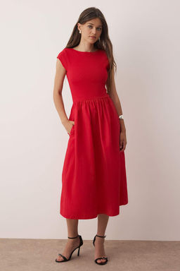 Kahverengi Ustu Esnek Fitilli Alt K?sm? Genis Terrycotton Kontrast Dokuma Elbise - Trendyolmilla фото 9